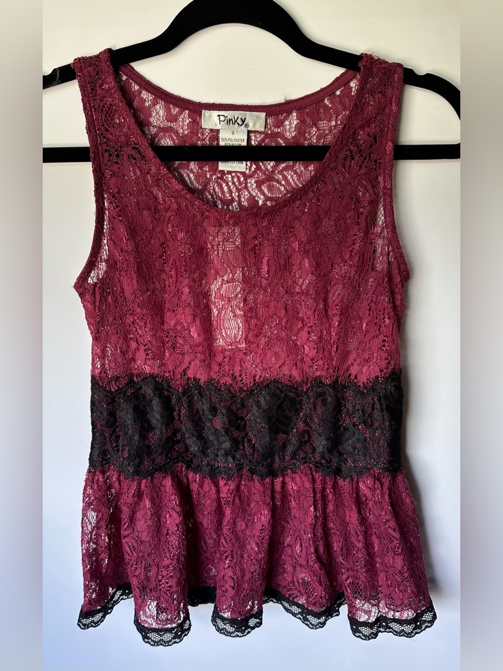 Pinky Lace Top Size S Sheer Black Maroon Side Zip Peplum New Y2K Vamp Whimsygoth